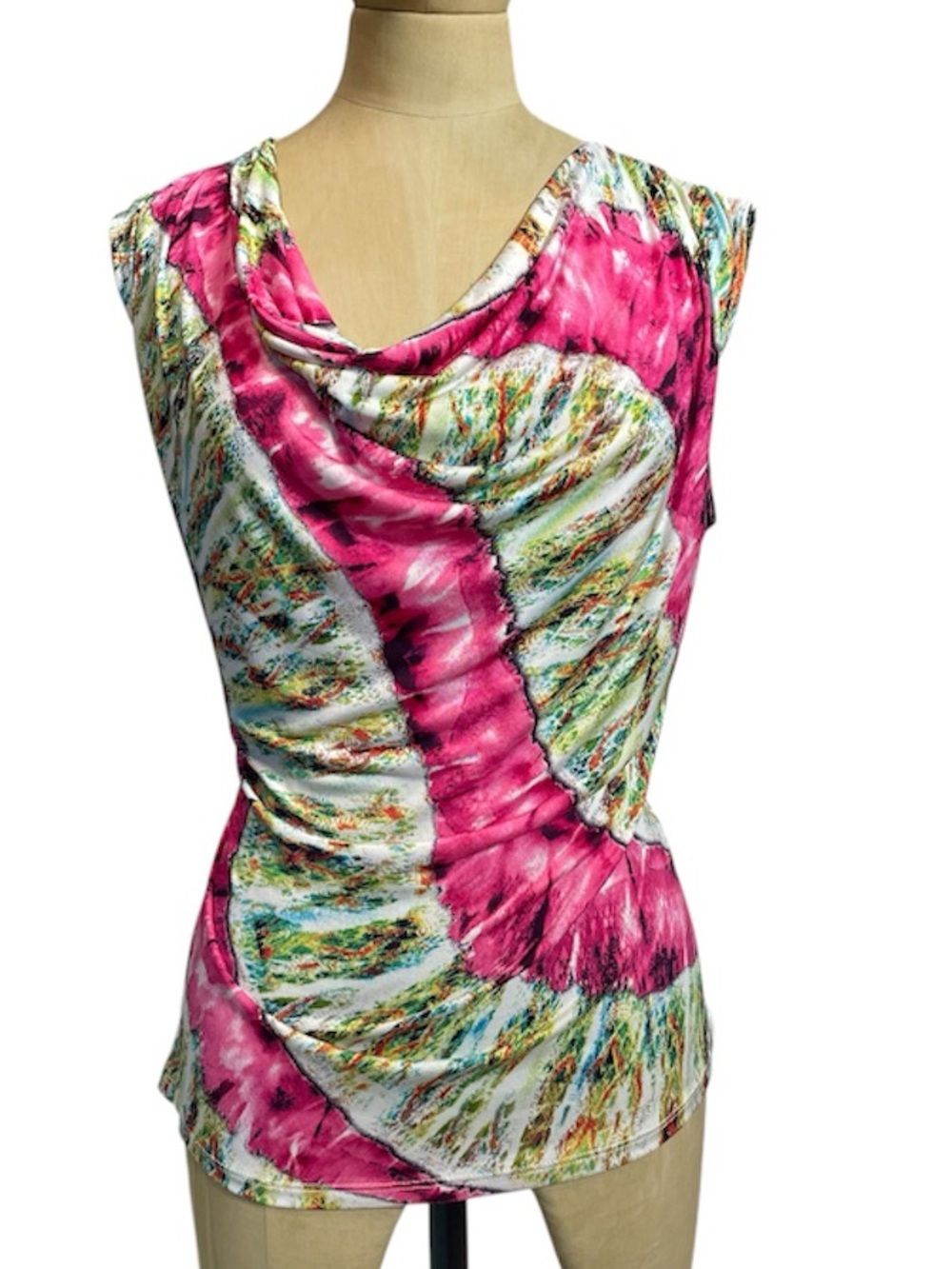 Jennie & Marlis Draped Cowl Neck Tank Top SM Pink Y2K Abstract Print Colorful US